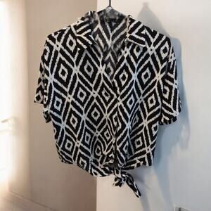 Fred David Printed Peasant Blouse Black White Geometric Tie Hem Shirt Size Small